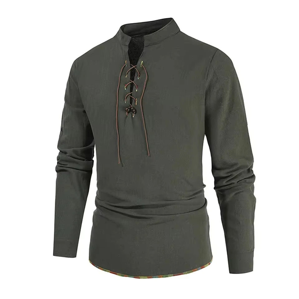 

Men's Cotton Shirt Long Sleeve Hippie Casual Tie Rope Stand Up Shirt 7 Color Shirt Plus Size Male Shirts