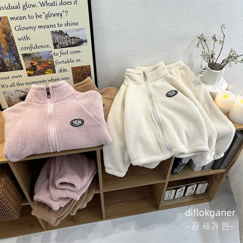 

Детские двусторонние флисовые комплекты, зимний флисовый костюм, теплое пальто для мальчиков, брюки, 2 предмета, осенняя новая повседневная одежда для маленьких девочек, наряды