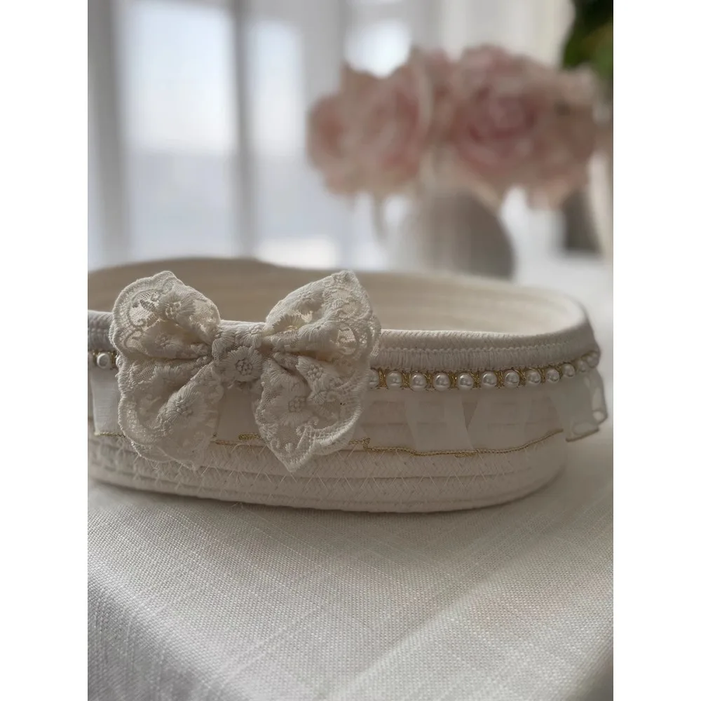 Vintage lace edge cotton rope desktop storage box, bow pearl decoration, phone key, sanitary cotton storage basket