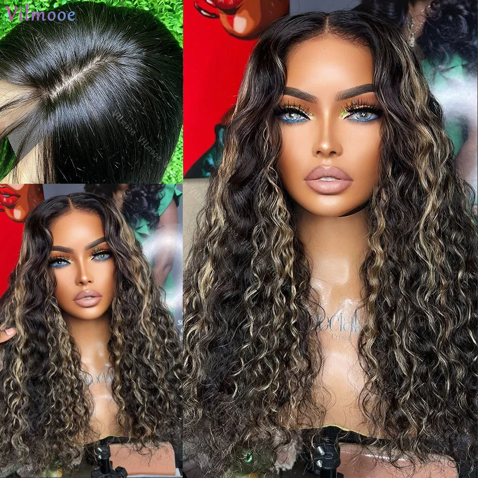 Silk Base Wig Strawberry Blone Highlight Wigs Kinky Curly Lace Front Wigs Human Hair Pre Pluncked With Baby Hair for Black Women