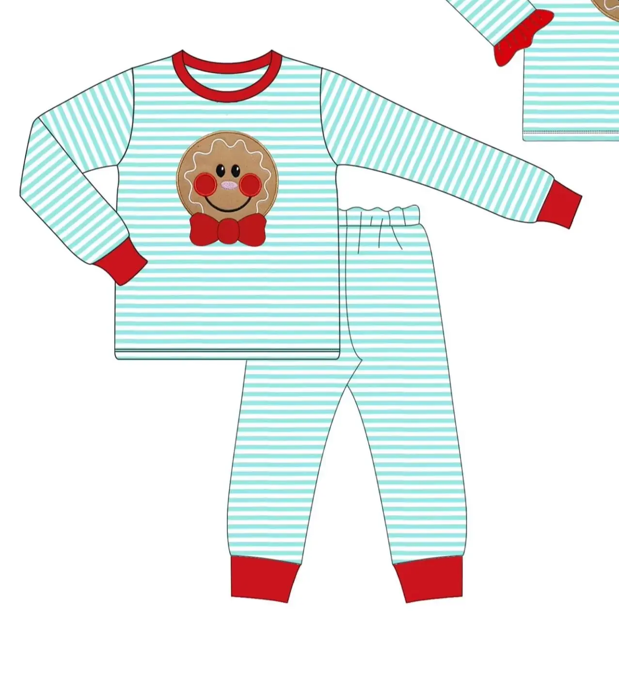 New Toddler Kids Christmas Gingerbread Man Santa Claus Print Pajama Set Boy Girls Striped Long Sleeve Top Pants Outfits