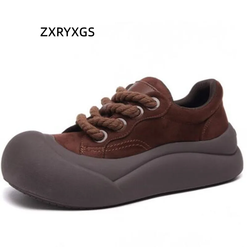 ZXRYXGS 2024 Cross Strap Round Toe Real Leather Vulcanized Shoes Woman Sneakers Thick Soles Heightening Shoes Trend Sneakers