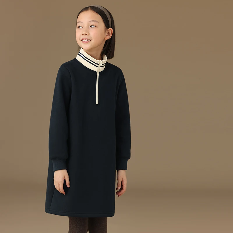 Female Child Clothes Fashion Girls Dresses Birthday Navy Bluey 2024 Winter New American Casual Style Stand-up Collar Velvet