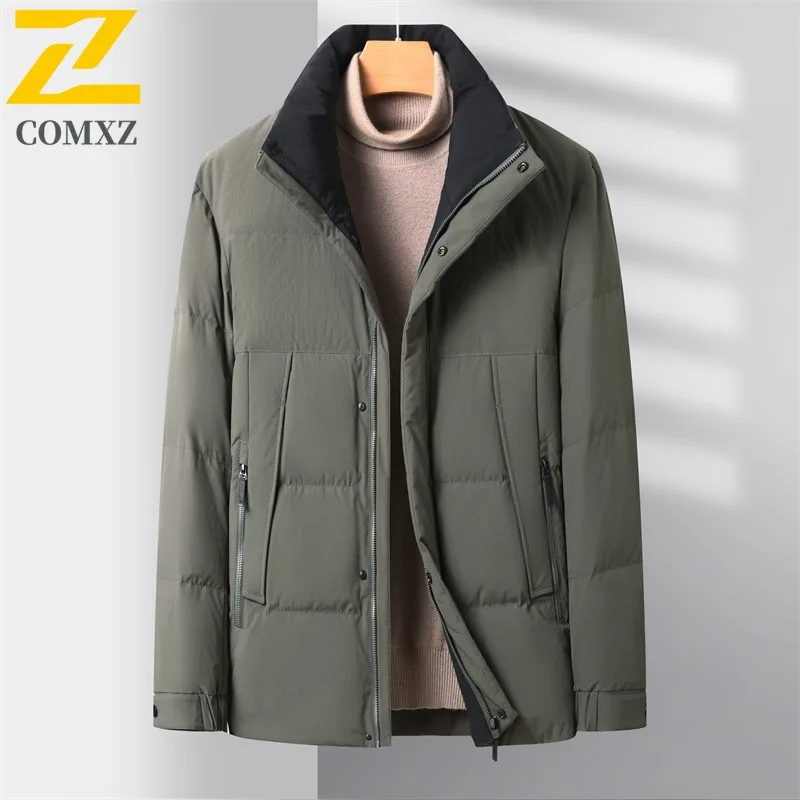 COMXZ Puffer Coat Mens Stand Collar Solid Color Working Warm Jacket High Quality Business Casual Down Winter Lightweight Wear