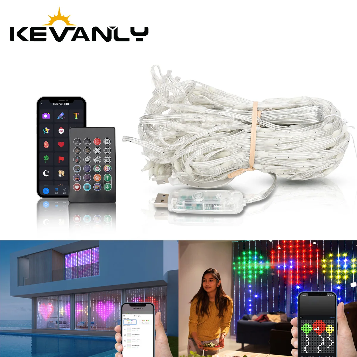 2x2M RGB スマートカーテンライトストリング USB プラグリモート Bluetooth アプリ制御 DIY フェアリーライト パーティールームキャンピングカー装飾用