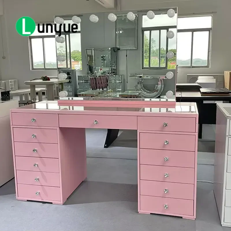 Pink Dresser with Bluetooth Speaker LED Light Makeup Mirror 13 Drawers Vanity Table for Bedroom Furniture Set Modern Storage
