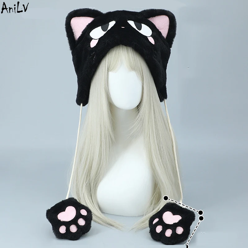 AniLV Anime Mob Psycho 100 Kageyama Shigeo Mob Cat Hat Winter Plush Warm Cute Cats Paw Cap Cosplay