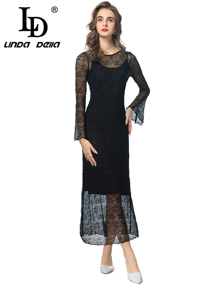 LD LINDA DELLA Autumn Winter Women's Dress Flare Sleeved Design Pretty Slim-Fit Hip Wrap High Waiste Party Long Dress