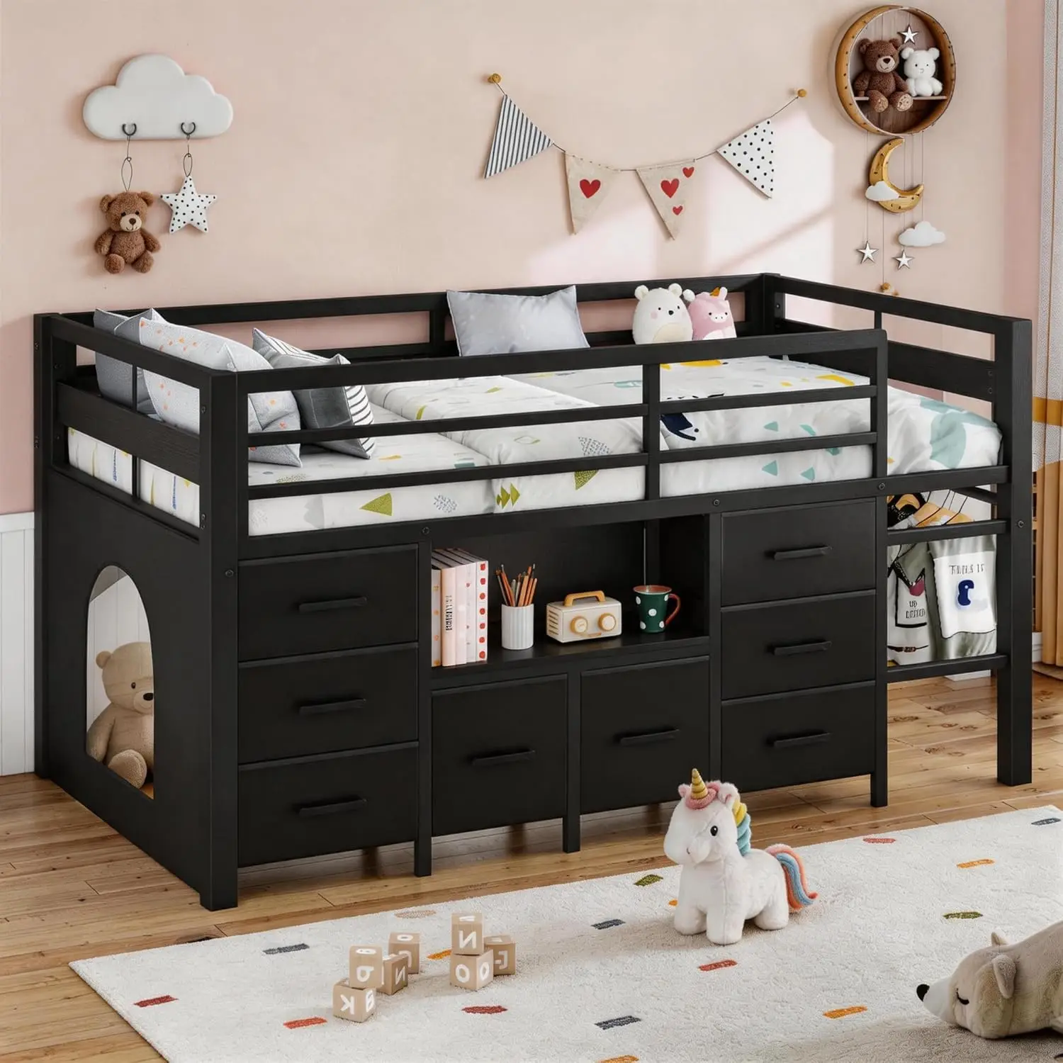

Twin Size Low Loft Bed with 8 Drawers & Bookcase, Metal Frame with Safety Guardrails, Play Curtain for Kids, Black