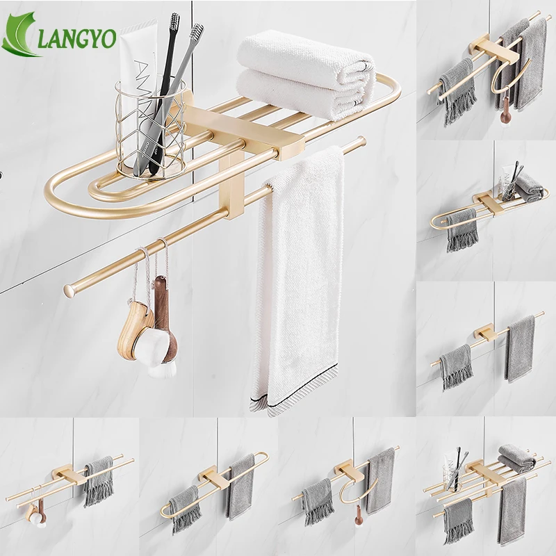 

LANGYO Brushed Gold Wall Mount Brass Towel Shelf Toilet Brush Holder Hardware Set Storage Rack For Bathroom Accessories