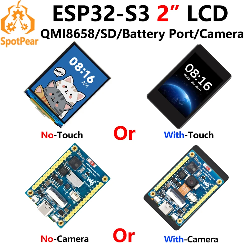 ESP32 S3 LCD Camera Development Board 2 inch Display QMI8658 Sensor / Battery Port LVGL/HMI For Arduino