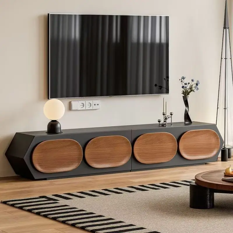 

#Modern Minimalist Geometric Media Cabinet Black with Wooden Accents for Home or Hotel Bedroom Storage Living Room Furniture