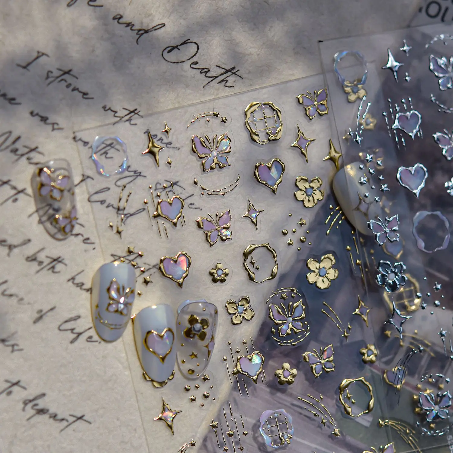 Oro e argento Dreamy Butterfly Star a forma di cuore Adesivo per unghie adesivo di alta qualità Decorazione per unghie Decalcomanie Design T-5255