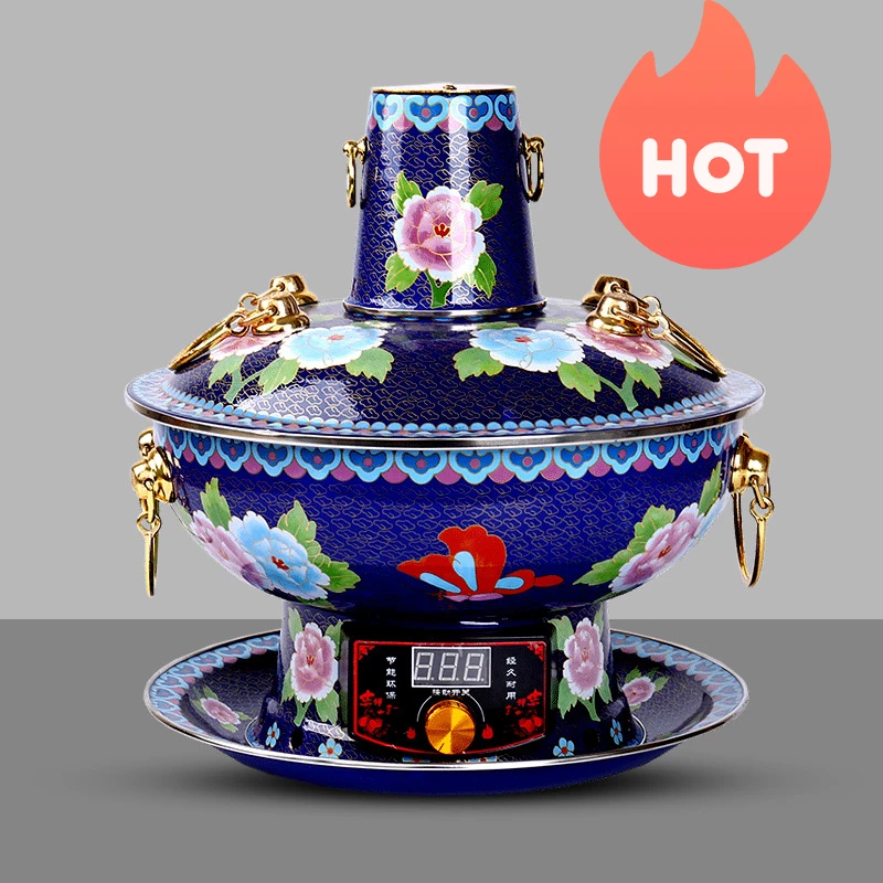 

Hot Pot Huoguo Pure Copper Plugged In Cloisonne Blue Copper Hot Pot Copper Hot Pot Household Enamel Charcoal Mandarin Copper