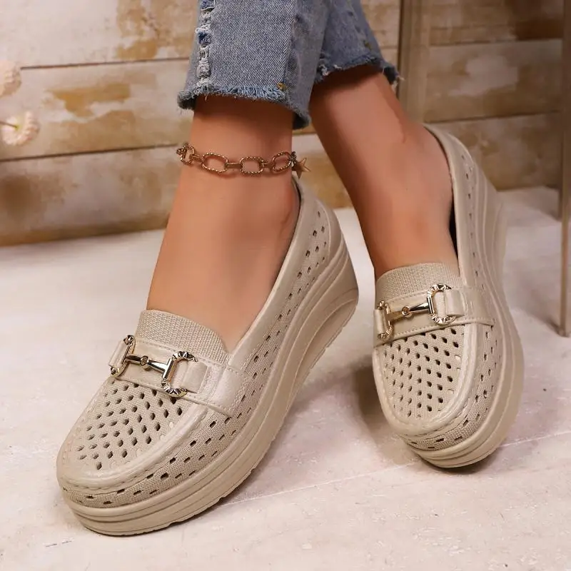 Soft Thick Bottom Height Increase White Loafers Women 2026 Summer Hollow Out Wedge Heel Pumps Women's Comfortable Nursing Shoes