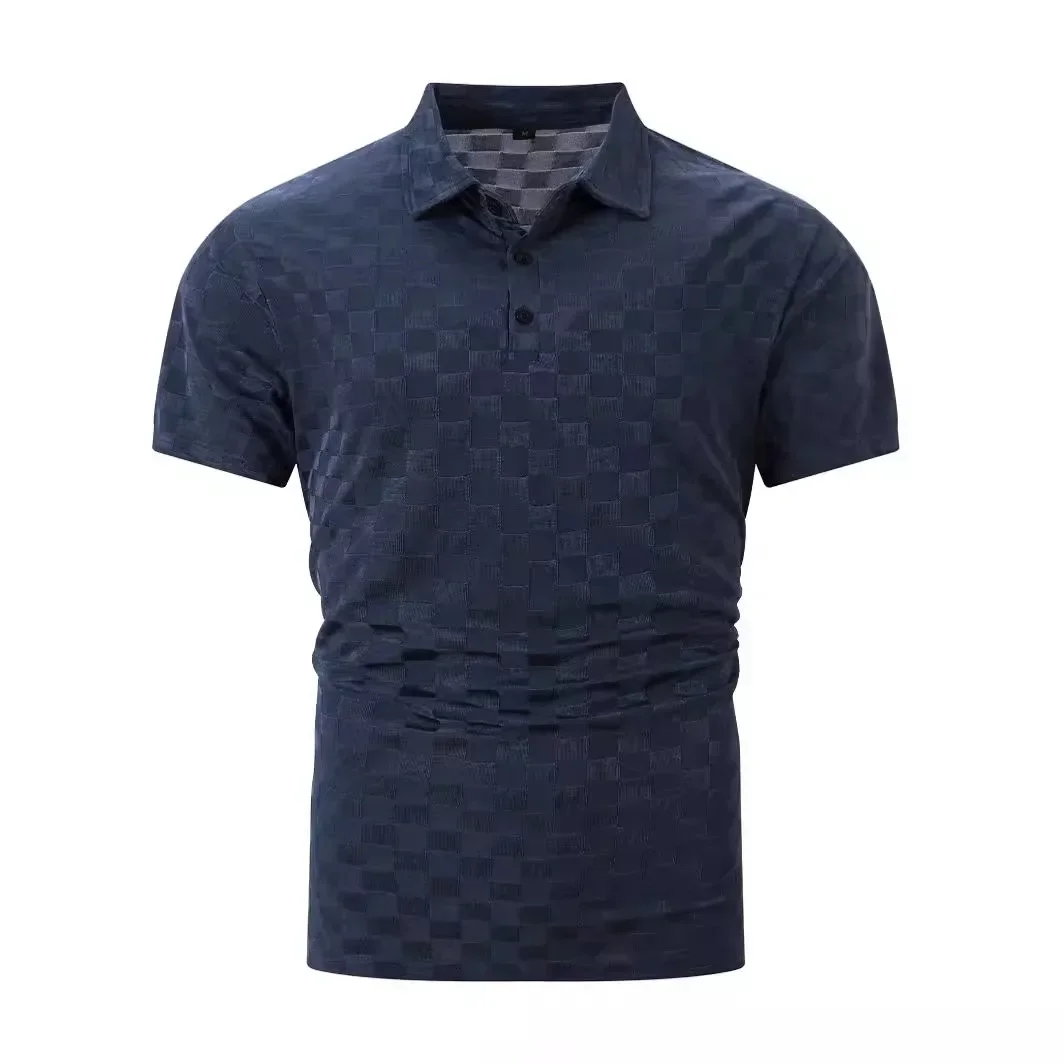 2024 Summer New European and American Men's Casual Checkered Jacquard Flip Collar Buckle Short Sleeve Polo Shirt Men Clothing