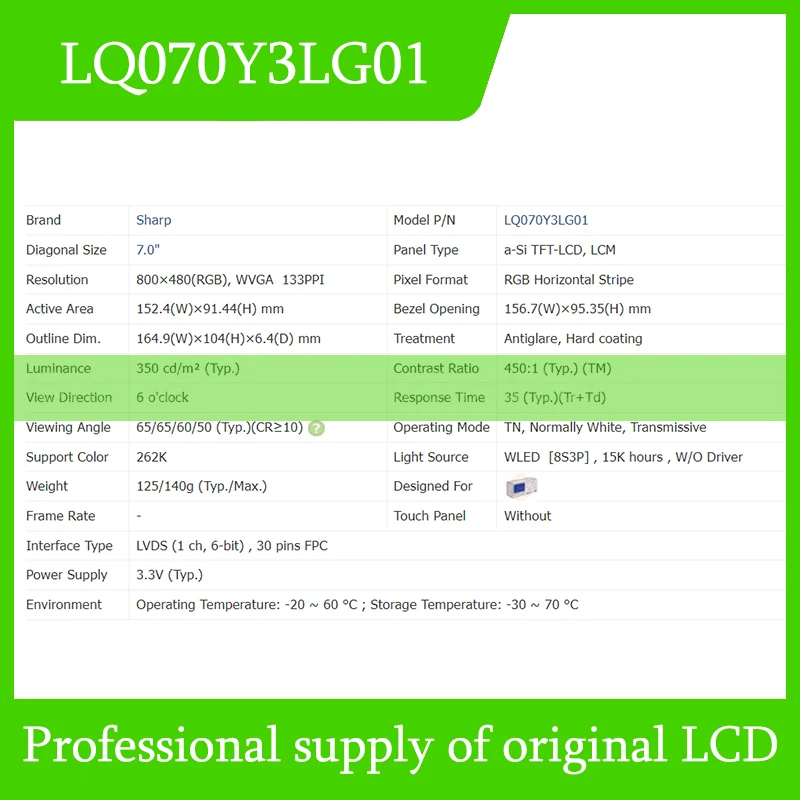 ส่งเร็ว LQ070Y3LG01ผ่านการทดสอบเต็มรูปแบบจาก LCD ขนาด7.0นิ้ว