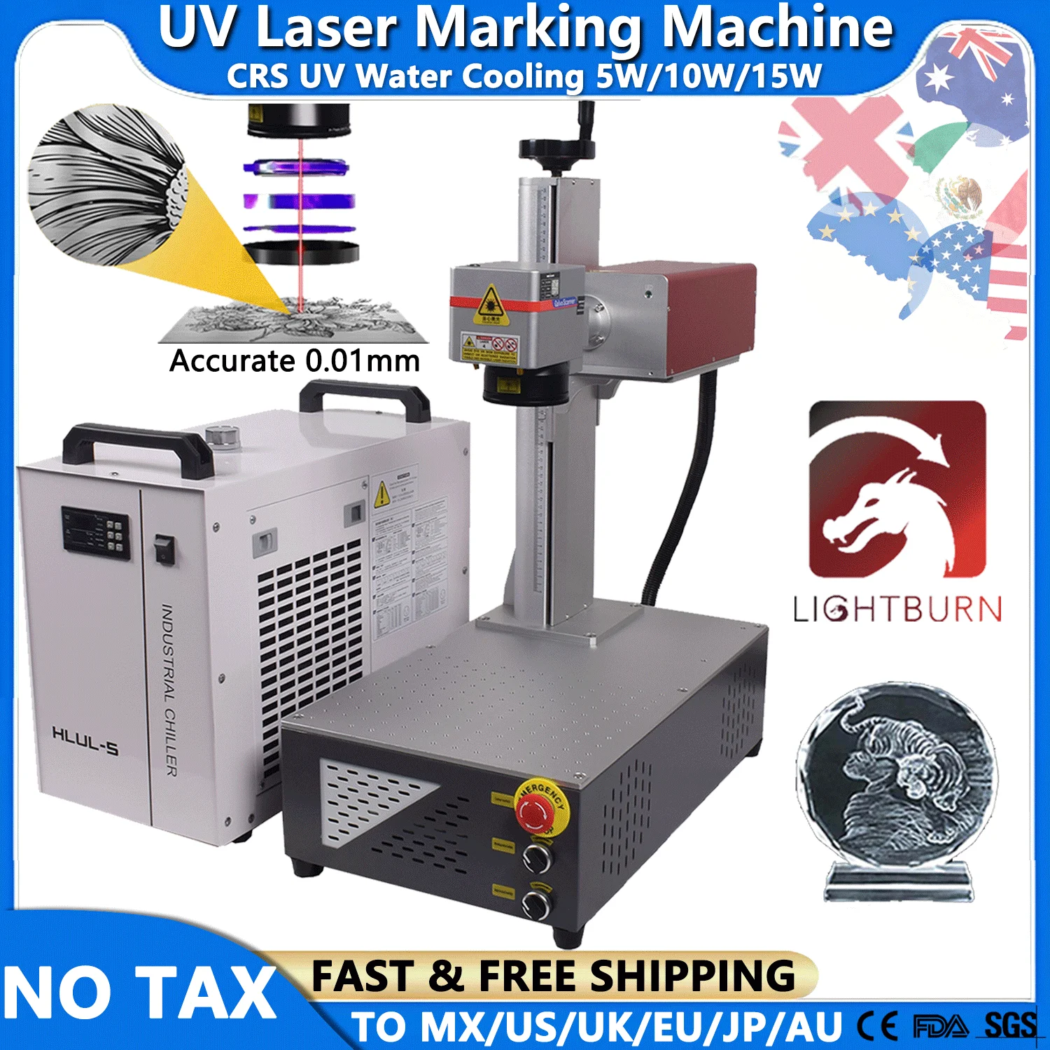 

CRS UV Laser Marking Machine Chiller 5W/10W/15W 200*200mm Laser Source Engraver For Leather Glass Wood Acrylic PVC Plastic