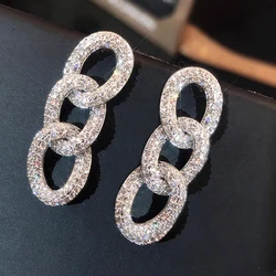 Huitan Fashion Chain Links Design Hanging Earrings for Women Luxury Crystal Cubic Zircon Temperament Female Earrings New Jewelry