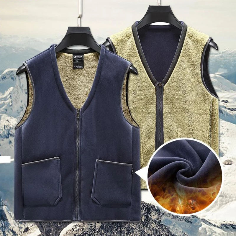 

Winter Men Warm Fleece Mens Vest Casual Sleeveless Jacket Velvet Thick Sleeveless Men's Vest Plus Size Double-sided Fleece Vest