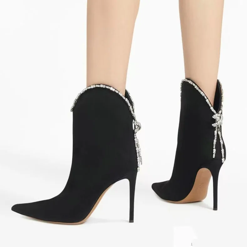 

Pointed-Toe Rhinestone-Trimmed Stiletto Ankle Boots High Heel Sexy Plus Size Slip On Botines Black Suede Customizable Boats