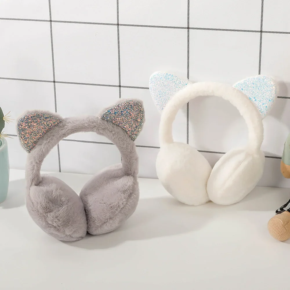 Oreilles de chat mignonnes pour enfants, cache-oreilles en peluche, cache-oreilles chauds, paillettes brillantes, bande de sauna douce, extérieur,