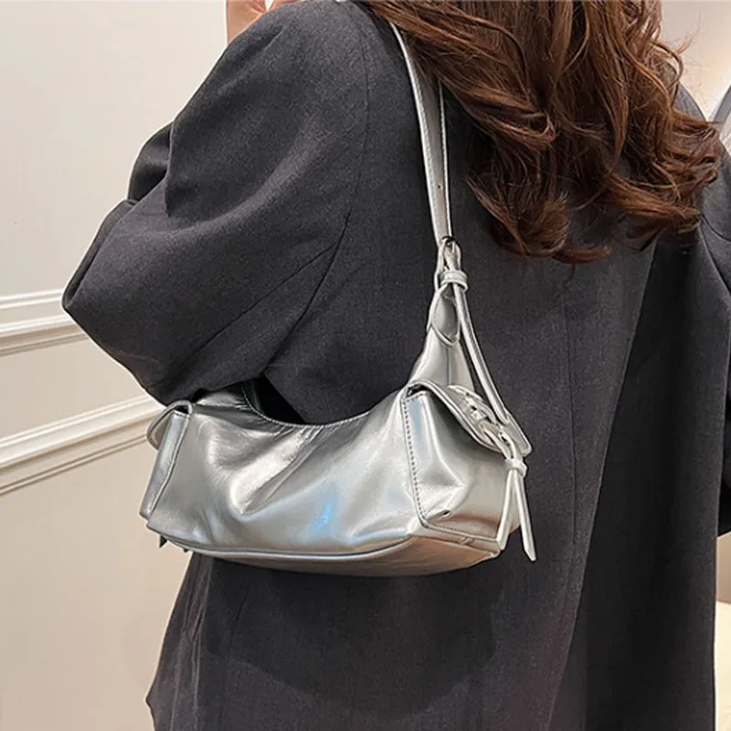 

Fashion Silver Women Handbags Vintage PU Leather Shoulder Bag Small Underarm Bags for Women Designer Bag High Quality Flap Tote