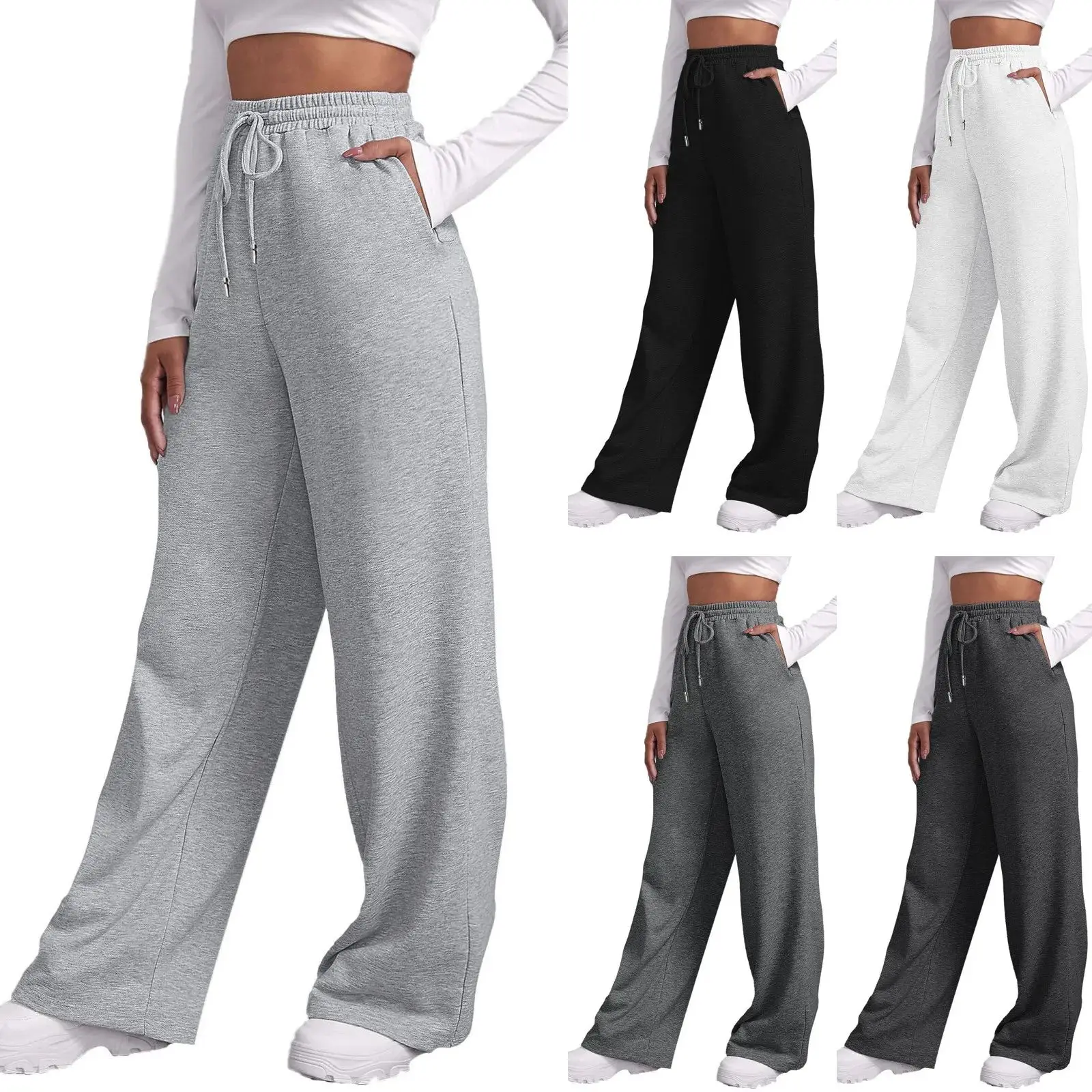 Women's Dstring Wide Straight Leg Sweatpants Comfortable Casual Trousers Elastic Waist Pants Faionable Ladies' Trousers