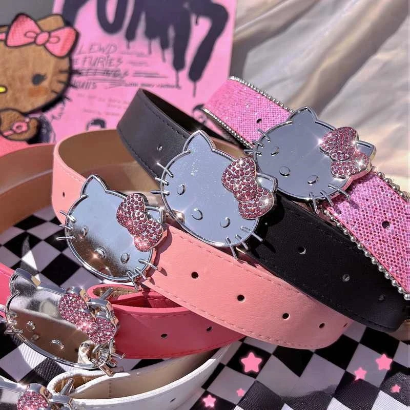 

Hello Kitty Pink Belt Sanrio Rhinestone Girl Heart Belts Cartoon Y2K PU Leather Cool Girl Clothing Accessories woman's Gift