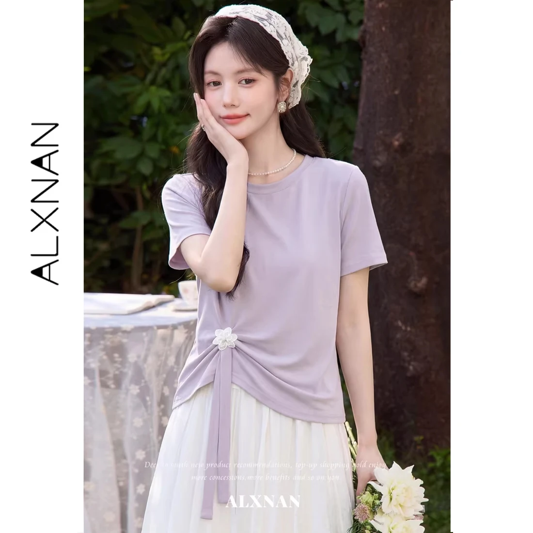 

ALXNAN Purple T-shirt Women 2026 Summer 3d Flower Design Elegant Short Sleeve Tees Chic Loose-fit Casual Tops Female L628108A-1