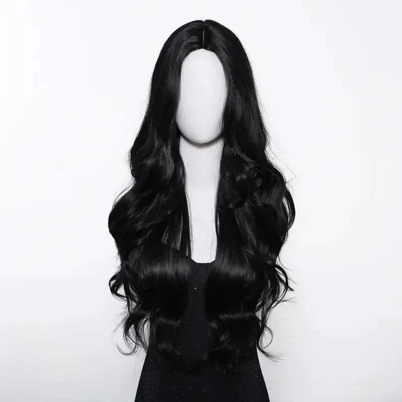 Peluca sintética negra con cabello largo dividido al medio y ondas grandes, para fiestas o uso diario, con gorro de fibra sintética de alta temperatura 4