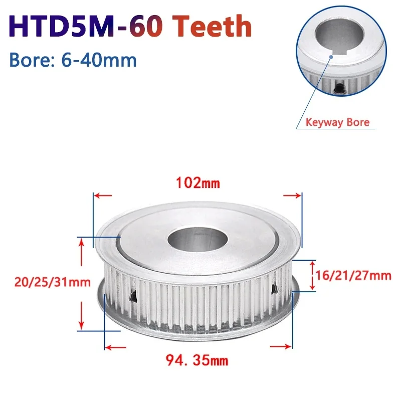 1pc 60 Teeth HTD5M Timing Pulley 60T HTD 5M Synchronous Wheel for Belt Width 15/20/25mm Bore 6/8/10/12/14/15/16/17/18/19/20-40mm