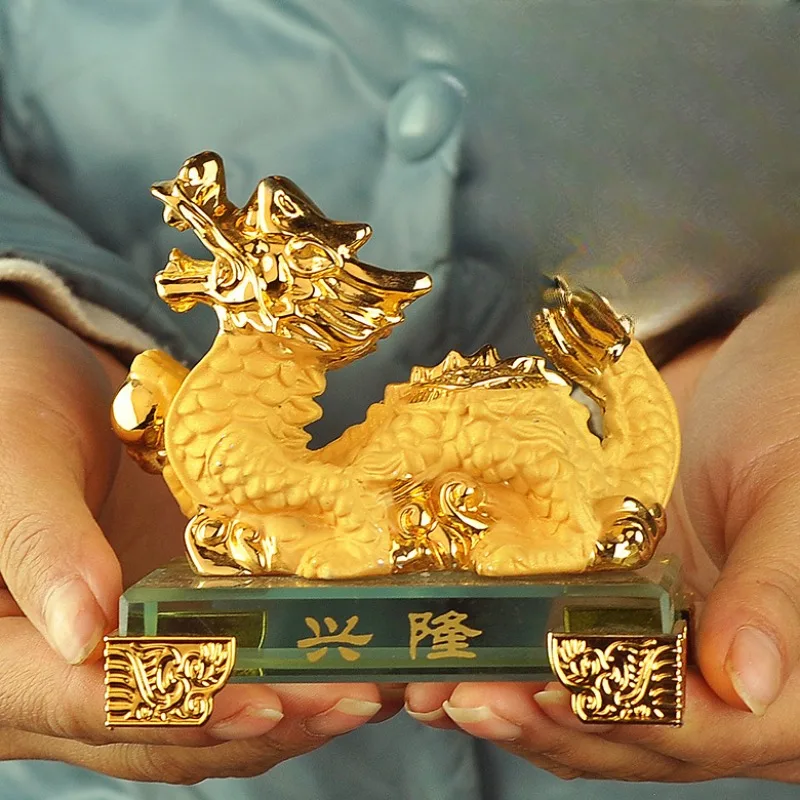 Zodiac Dragon Ornament Gold Resin Chinese Zodiac Dragon Statue Chinese Style Lucky Dragon Ornament for New Year