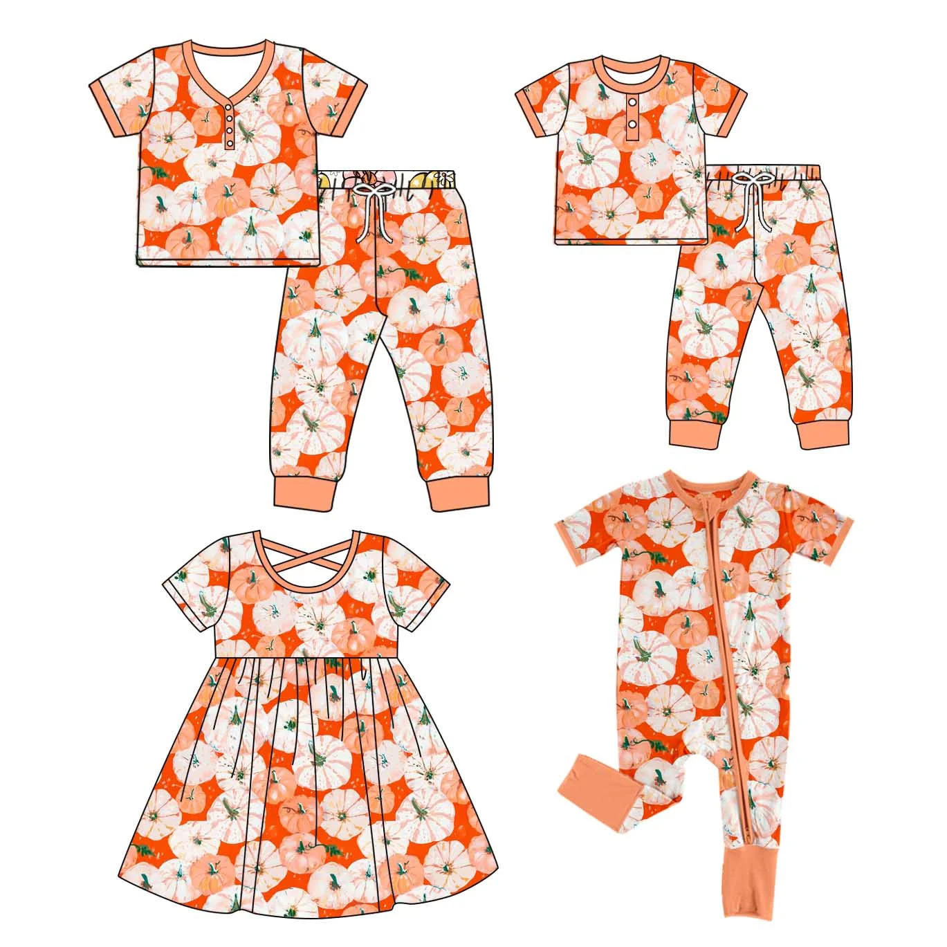 

Toddler Thanksgiving 4-piece set Orange Pumpkin Print Short Sleeve Pajamas Girls Round Neck Dress Matching One-piece Zipper