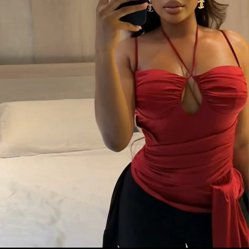OMSJ Red Sexy Tight Fit Hanging Neck Hollow Open Back Sleeveless Strappy Pleated Irregular Y2K Tops Stylish Camisole Party Vest