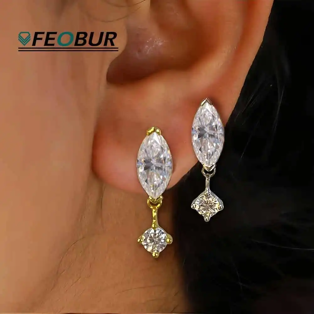 FEOBUR 0.5/1ct Marquise Cut Moissanite Drop Earrings 925 Sterling Silver Sparkly Diamond Ear Studs for Women Party Jewelry Gift