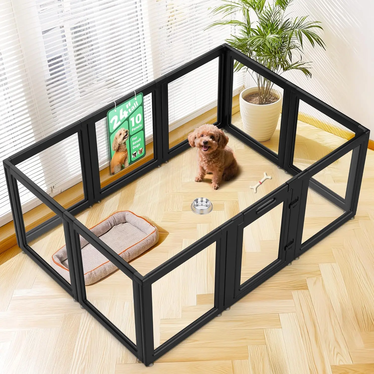 

Acrylic Indoor Dog Playpen for Puppies and Small Dogs, 24 Inch, 10 Panels, Black - Secure and Customizable