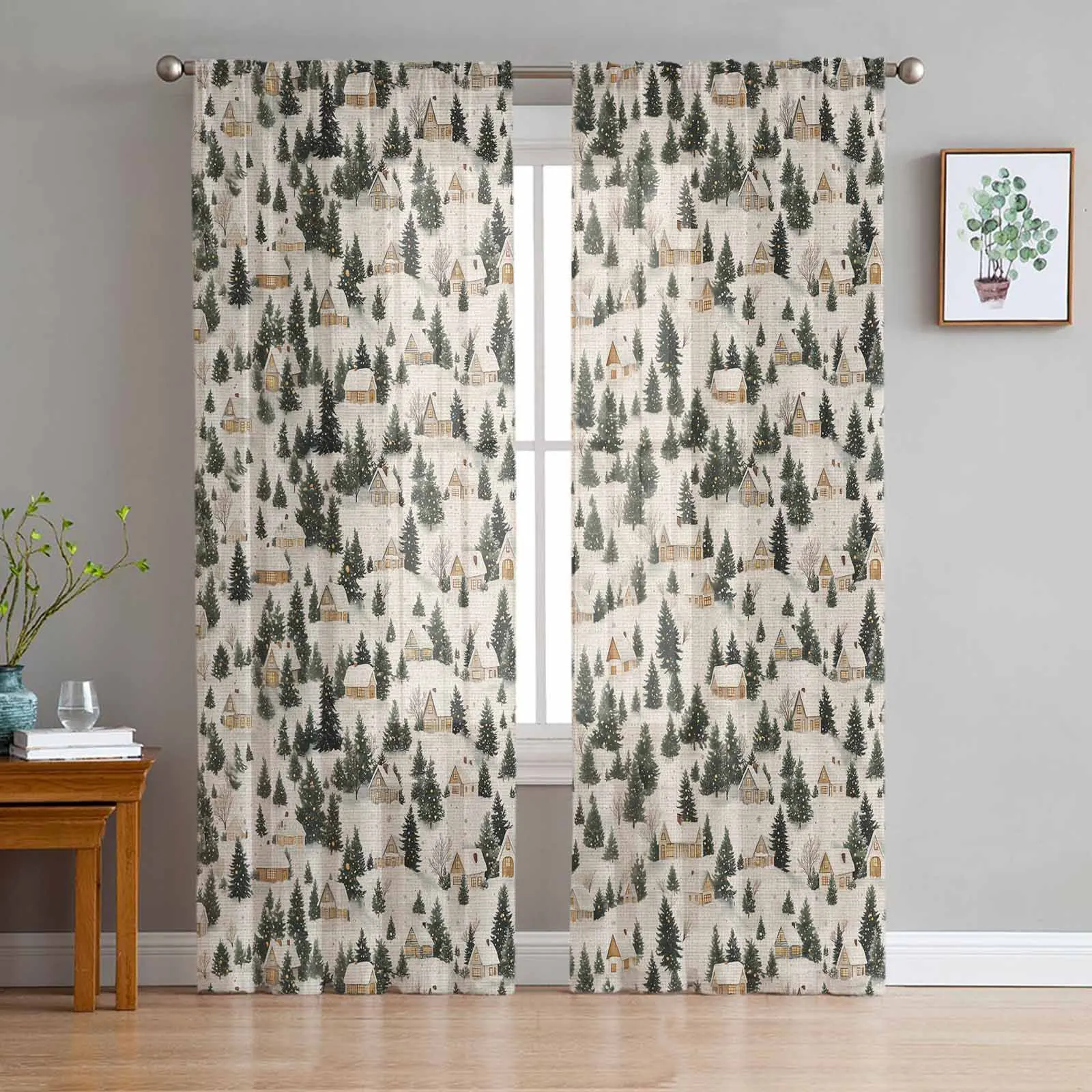 Christmas And Winter Snow Scenery Curtains Decorations For Home Window Tulle Curtains For Living Room Bedroom