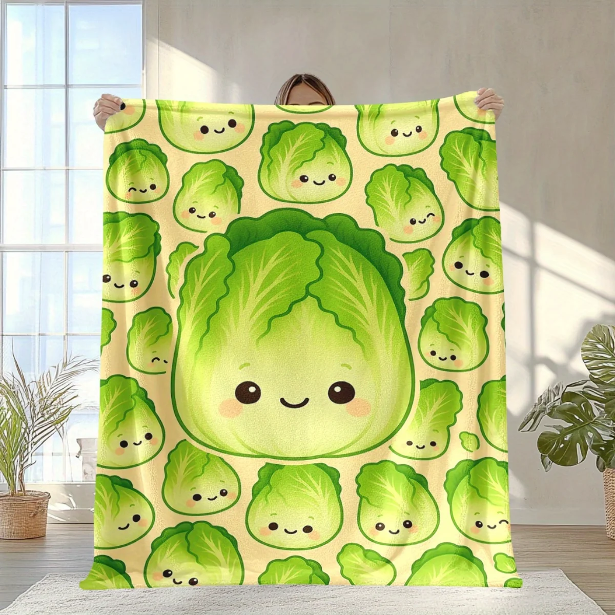 1 Cute Cabbage Face Pattern Flannel Blanket - Soft and warm, perfect for sofas, beds, chairs, camping, and a holiday gift for bo