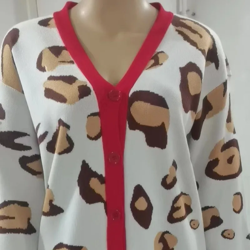 Cardigã com estampa leopardo gola v feminino, lanterna geométrica, manga comprida, botão, rosca, casacos monocromáticos, tops casuais, outono,