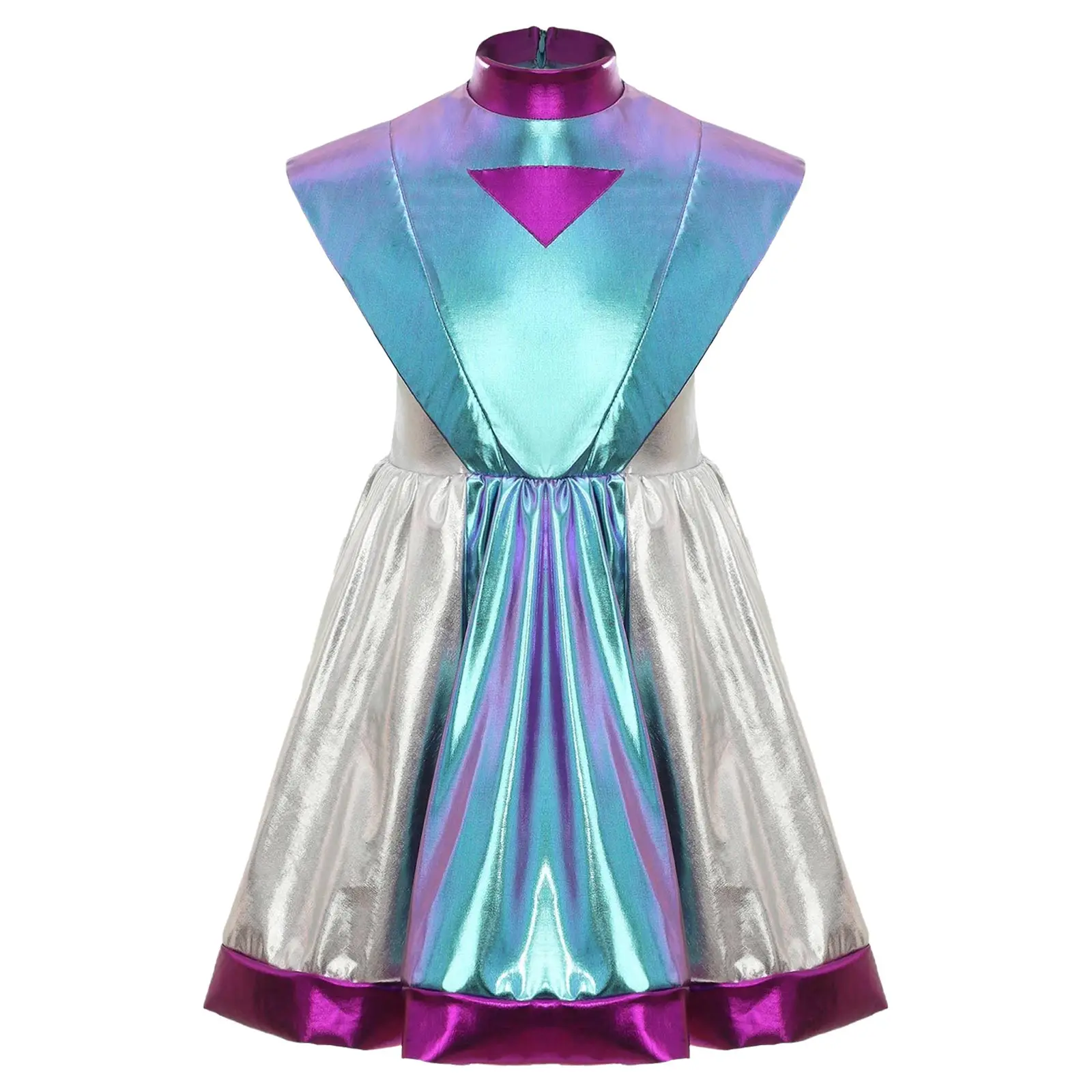 

Girls Halloween Outer Space Alien Cutie Robot Cosplay Costume Shiny Metallic Sleeveless A-line Dress for Theme Party Role Play