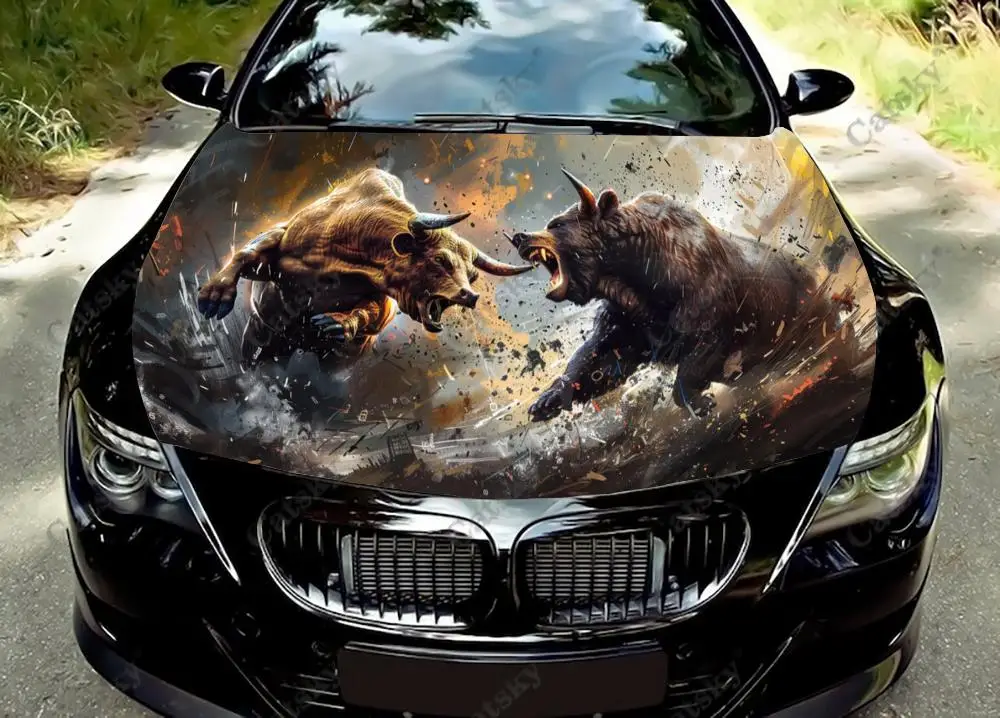 Bear and Bull Fighting Car Hood Decal Stickers Wrap Vinyl Film Engine Cover Decals Sticker Car Hood Protective Film