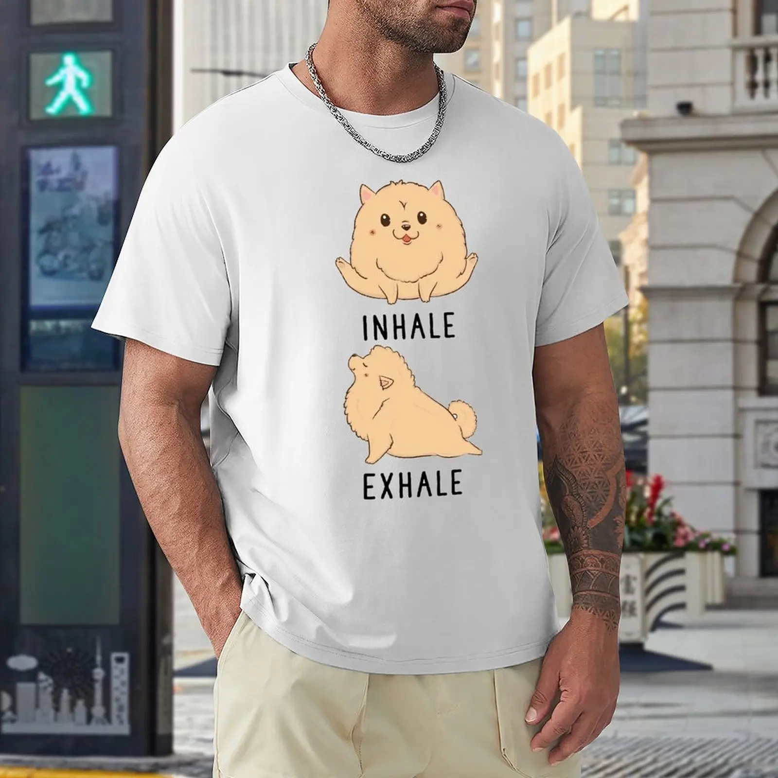 Inhale Exhale Pomeranian Yoga For Sale T-shirt Crewneck Movement Tshirt Funny Graphic Aactivity Competition Humor Graphic USA Si