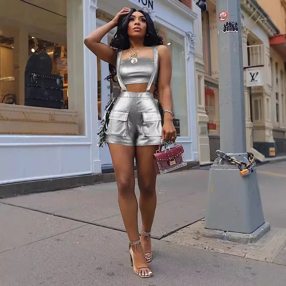 Metallic Womoen 2 Piece Set Off Shoulder Crop Tube Top Mini Shorts Overalls 2024 Autumn New Popular Sexy Club Party Tracksuits