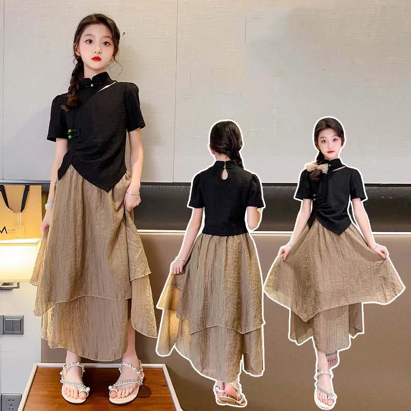 

2024 Summer Teenager Girl Clothing Set Children Girl Buckle Irregular Tops+Multilayer Skirt Sets Girls From 4-12 Years Old