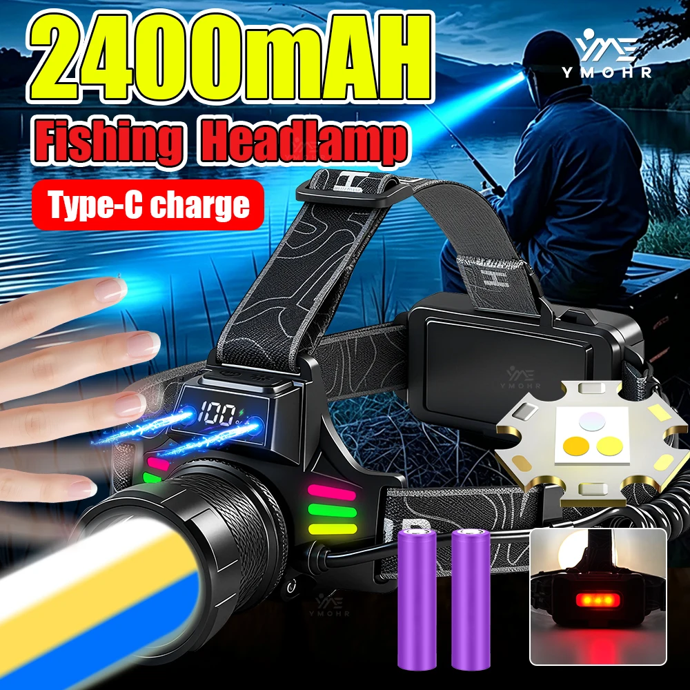 

2400mAH High Power Fishing Headlamp Rechargeable Spotlight LED 18650*2Battery Zoomable Sensor Work Light Outdoor Fishing Lantern