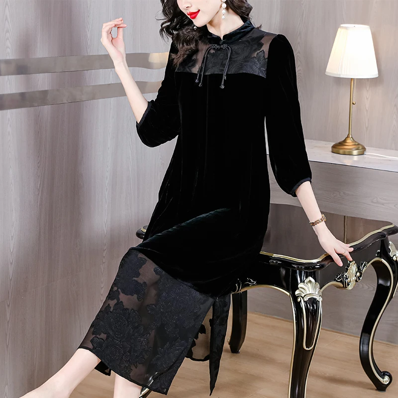 

New Chinese Style Chinese Style Skirt Autumn Plate Button Splice Burnt Flower True Velvet Loose and Slim Black Skirt