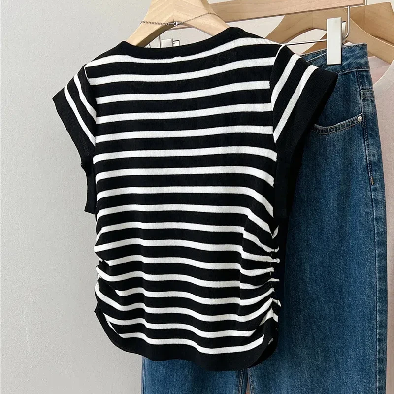 Temperament Simplicity Summer T-Shirts Women's V-Neck Striped Contrast Color Drawstring Fashion Loose Short Sleeve Knitting Tops