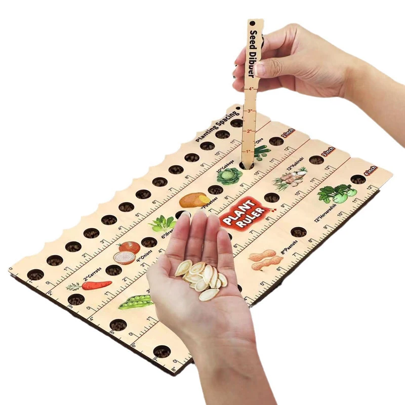 SXYPAYXS-Wooden Plant Ruler with Seed Dibber Seed Spacing Ruler with Holes Planting Guide Multifunctional Gardening Tools