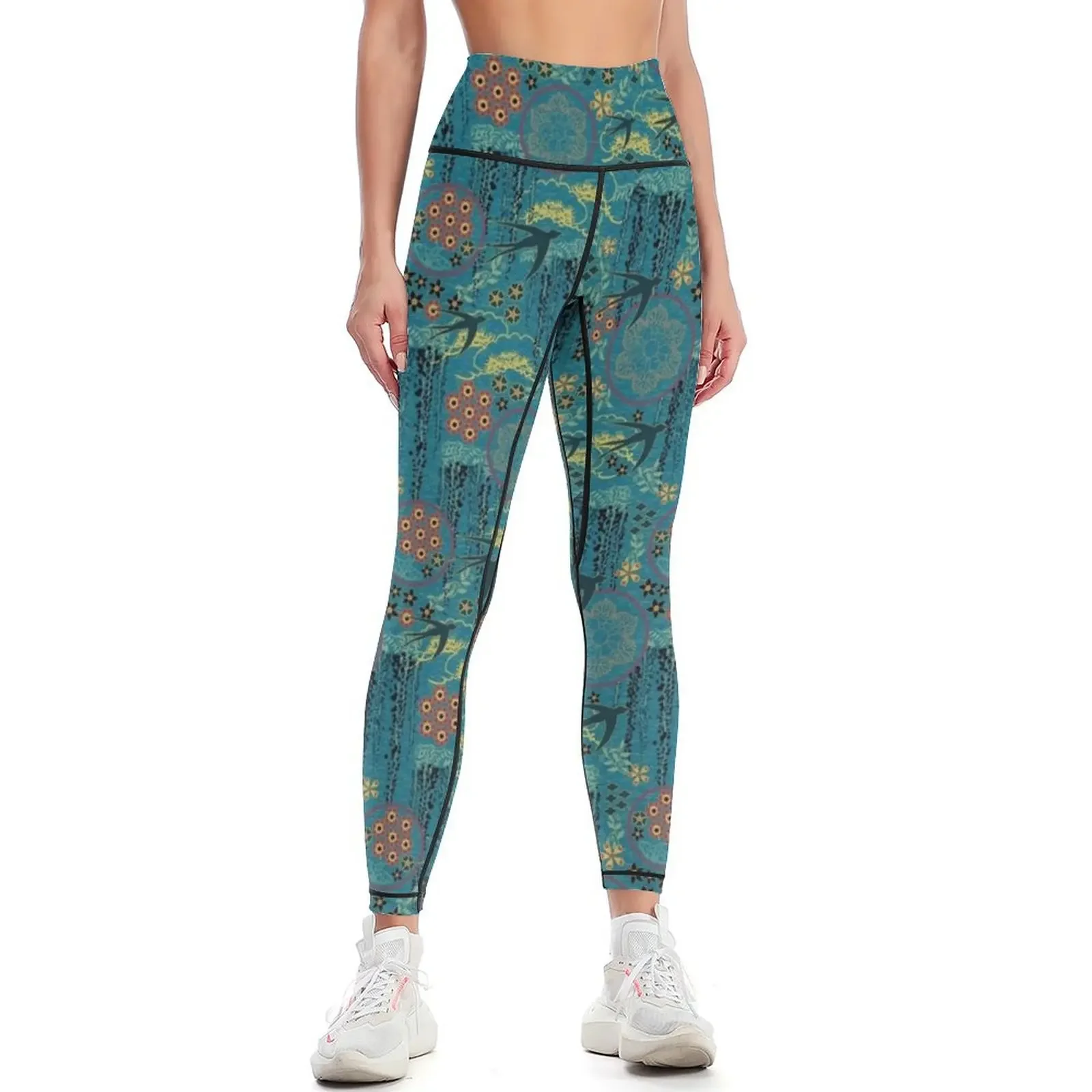 

Japanese Garden in Teal Gold Red and Black Leggings sport pants gym sportswear woman Fitness woman for fitness Womens Leggings